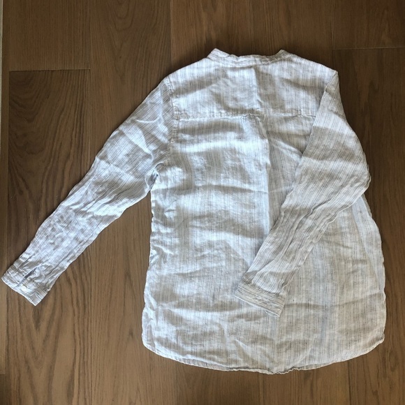 New white black vertical striped long sleeve blouse linen size medium cotton - Picture 2 of 6